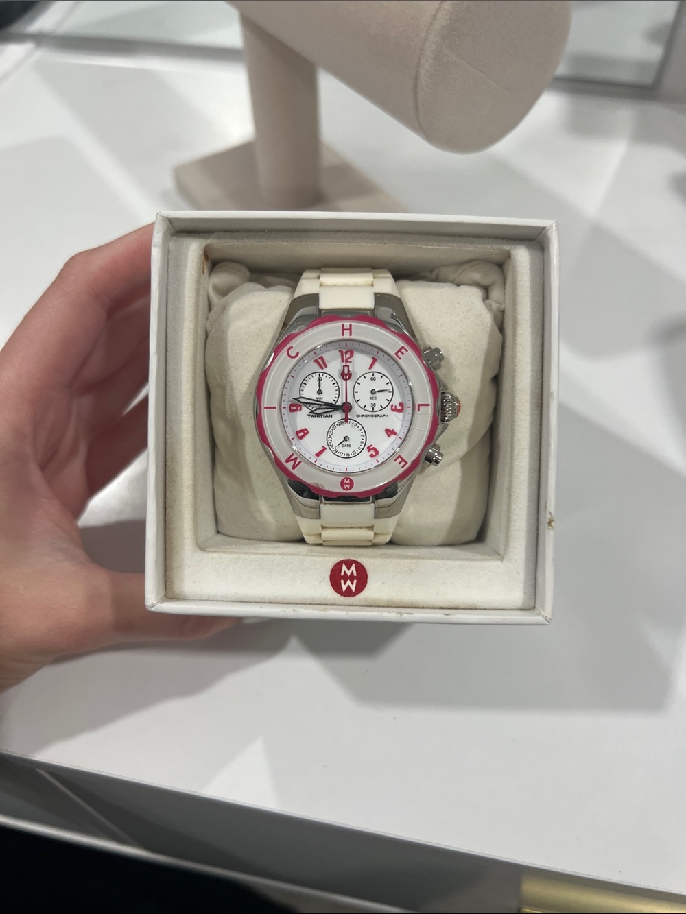 Michele White and Pink Accent Women's Chronograph Watch